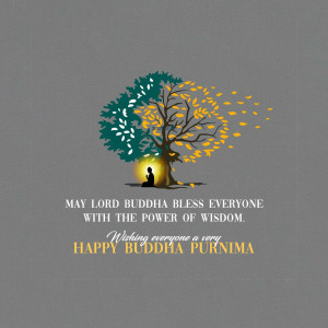 Illustration of a meditating Buddha under a tree with text wishing Happy Buddha Purnima