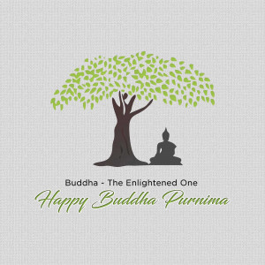 Buddha under a tree with the text Happy Buddha Purnima