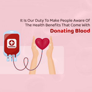 Illustration of a blood bag and hands holding a heart, promoting blood donation.