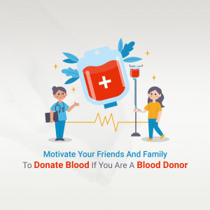 Illustration of medical professionals and a blood bag with a call to donate blood.