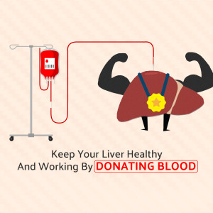 Cartoon illustration of a strong, muscular liver with a blood bag connected via IV drip, promoting blood donation for liver health.