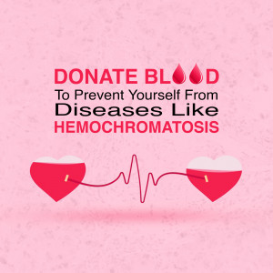 Image promoting blood donation with text and heart illustrations.