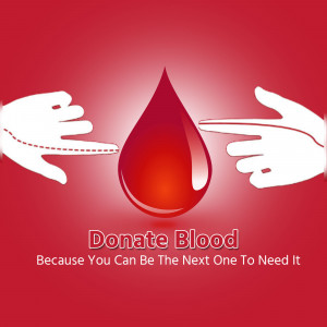 Illustration of hands pointing towards a blood drop with the text 'Donate Blood'