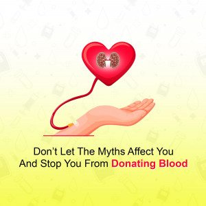 Illustration of a hand holding a blood bag shaped like a heart with kidney imagery inside, promoting blood donation.