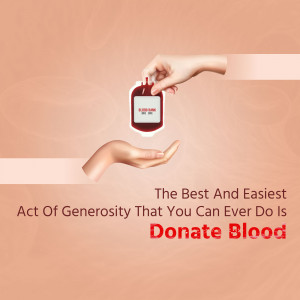 Hand holding a blood bag with text promoting blood donation