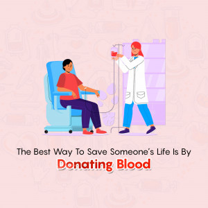 Illustration of a person donating blood with a healthcare worker assisting.