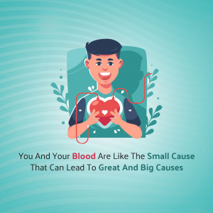 Illustration of a young man holding a heart with a blood donation theme.