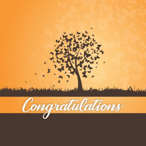 Silhouette of a tree formed by butterflies with the word 'Congratulations'