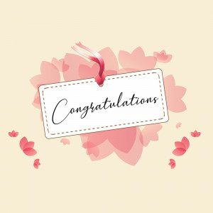 A digital illustration of a white tag with 'Congratulations' written on it, surrounded by pink floral elements on a cream background.