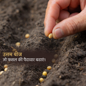 Hand planting seeds in fertile soil with text in Hindi