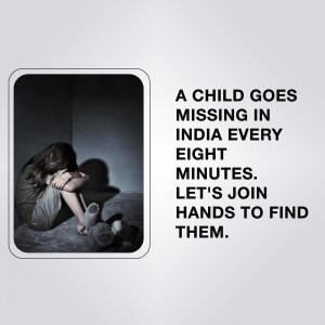 A sad child sitting in a corner with text about missing children in India.