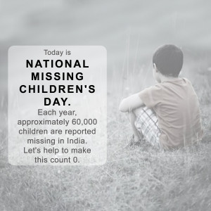 A grayscale image of a young boy sitting with his knees drawn up, with text overlay commemorating National Missing Children's Day.