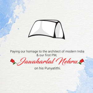 Image commemorating Jawaharlal Nehru's Punyathithi with his cap and roses.