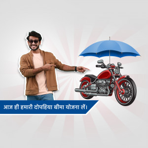 Man pointing towards a motorcycle protected by an umbrella, representing insurance.