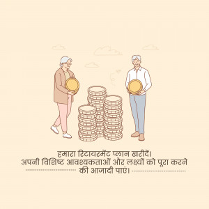 Illustration of an elderly couple holding golden bowls filled with coins, representing retirement savings.