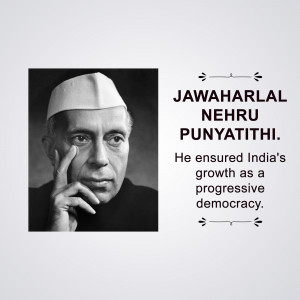 Black and white portrait of Jawaharlal Nehru with text commemorating his death anniversary.