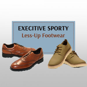 Two pairs of men's leather shoes - brown and olive green - on a light blue background with text 'Executive Sporty Less-Up Footwear'