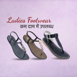 Three pairs of ladies sandals on a light purple background with text 'Ladies Footwear' and 'Available at low prices'
