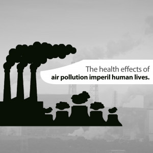 Silhouette of factory smokestacks emitting pollution with text about health effects.