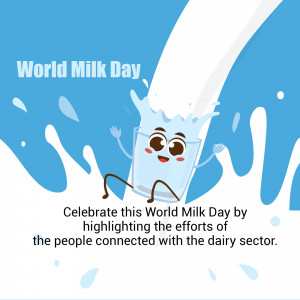 Cartoon glass of milk with splashing milk and text 'World Milk Day'