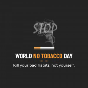 Image promoting World No Tobacco Day with the word 'STOP' formed from smoke and a cigarette.