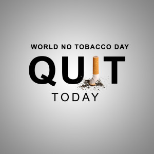Image promoting World No Tobacco Day with the word 'QUIT' and a broken cigarette.