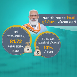 Image showing statistics of foreign investment in India with Prime Minister Narendra Modi's portrait.
