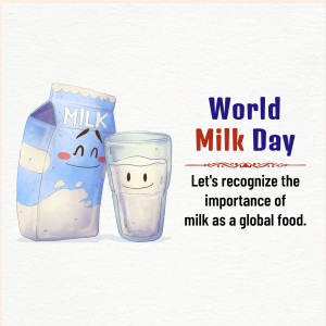 Cartoon illustration of a milk carton and a glass of milk with smiling faces, celebrating World Milk Day.