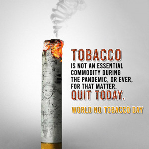 A burning cigarette with faces of people on it and text stating 'Tobacco is not an essential during the pandemic, or ever. Quit today.'