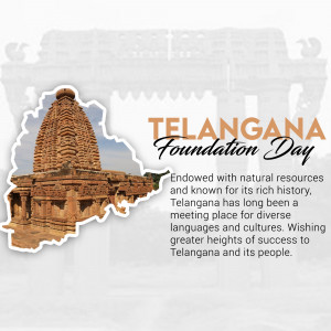 Telangana Foundation Day graphic with a temple and state map
