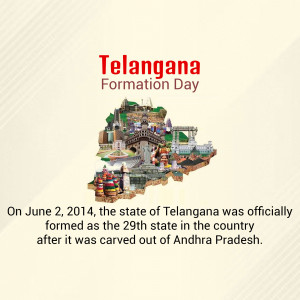 Telangana Formation Day graphic with state map and landmarks