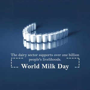 Glasses of milk arranged in the shape of a checkmark with text celebrating World Milk Day and highlighting the dairy sector's impact.