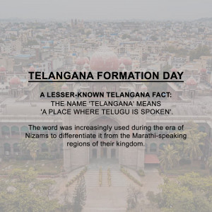 Image commemorating Telangana Formation Day with a historical fact about the origin of the name 'Telangana'.
