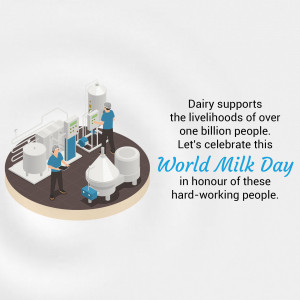 Isometric illustration of a dairy farm with workers and equipment, celebrating World Milk Day.