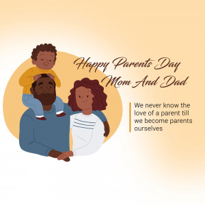 Illustration of a family with a father carrying a child on his shoulders, a mother standing beside them, and text wishing 'Happy Parents Day'