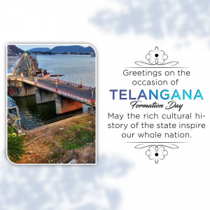 Image depicting a bridge and landscape with text celebrating Telangana Formation Day.