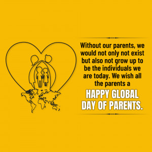 Illustration of a family within a heart shape on a world map with text celebrating Global Day of Parents.