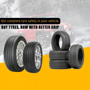 Image of tyres with a Jeep in the background promoting tyre safety and purchase.
