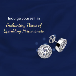 Close-up of silver diamond stud earrings on a dark blue background with text overlay.
