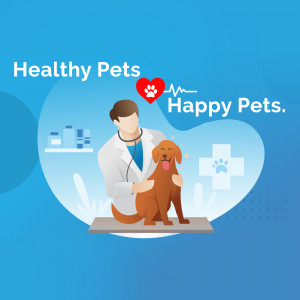 Veterinarian examining a golden retriever dog with a heart and medical symbols in the background.