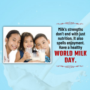 Three children smiling and holding glasses of milk with World Milk Day text.
