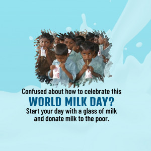 Children drinking milk with a milk splash background and text promoting World Milk Day donation.