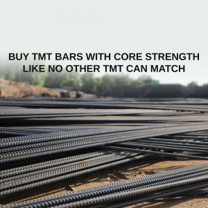 Stack of black TMT steel bars with text overlay promoting core strength.