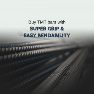 Close-up of TMT steel bars with text promoting their grip and bendability.