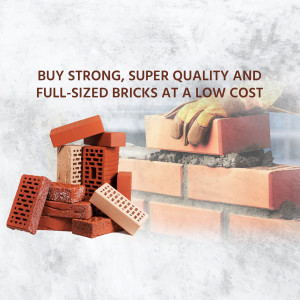 Pile of red bricks with work gloves, advertising low cost brick sales.