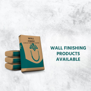 Stack of wall finishing product packaging with text 'Wall Finishing Products Available'