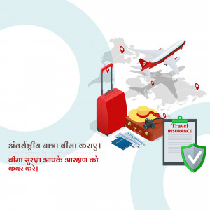 Illustration of travel insurance concept with suitcase, airplane, and world map.