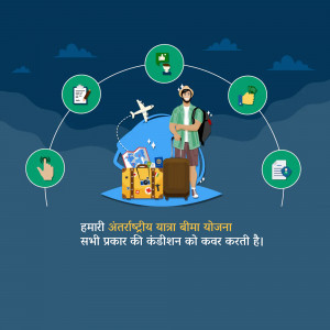 Illustration of a traveler with icons representing travel insurance coverage.