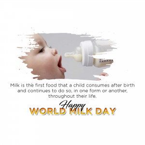 Baby being fed from a bottle with World Milk Day text
