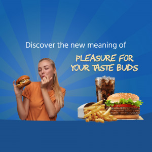 A woman enjoying a burger and drink with fries in a promotional image.